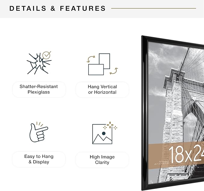 MCS Trendsetter 18x24 Poster Frame Black High-Gloss, Vertical & Horizontal Wall Hanging Large Picture Frame for Photos, Posters & Art Prints (2-Pack)