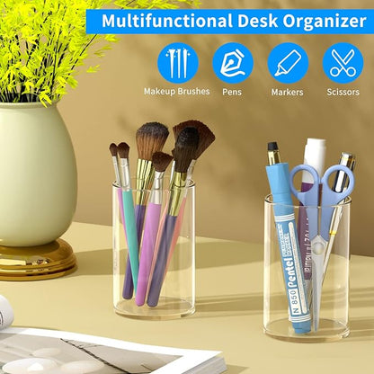 NIUBEE Clear Acrylic Pen Holder for Desk, Round Acrylic Pencil Cup Holder Makeup Brush Organizer, Desk Organizer for Office Desk Accessory - 4 Pack