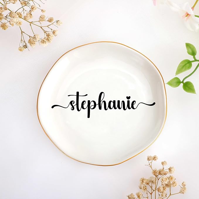 JoycuFF Stephanie Personalized Name Ceramic Jewelry Tray, Mothers Day Christmas Anniversary Engagement Birthday Gifts for Women Couples, Trinket Dish for Rings Earrings Necklaces Bracelets Keys