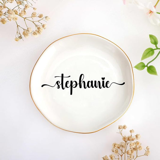 JoycuFF Stephanie Personalized Name Ceramic Jewelry Tray, Mothers Day Christmas Anniversary Engagement Birthday Gifts for Women Couples, Trinket Dish for Rings Earrings Necklaces Bracelets Keys
