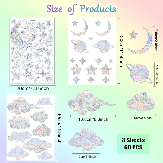 60 Pieces Star Moon Sun Catcher Window Clings for Glass Windows, Anti-Collision Stickers Star Moon Decals Prevent Bird Strikes, Cloud Planet Rainbow Prismatic Clings Non Adhesive Window Deco