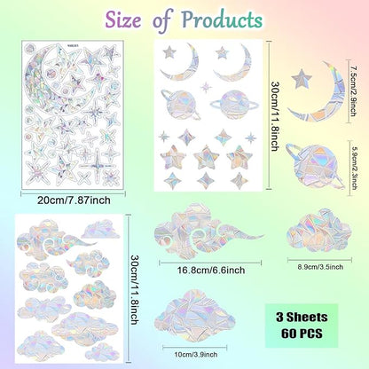 60 Pieces Star Moon Sun Catcher Window Clings for Glass Windows, Anti-Collision Stickers Star Moon Decals Prevent Bird Strikes, Cloud Planet Rainbow Prismatic Clings Non Adhesive Window Deco