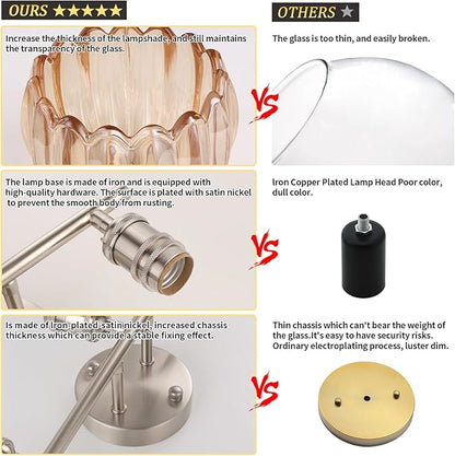 Bathroom Light Fixtures, 3-Light Vanity Wall Light Over Mirror with Amber Tulip Glass Shade for Bedroom Living Room (Bulb Not Included), Satin Nickel