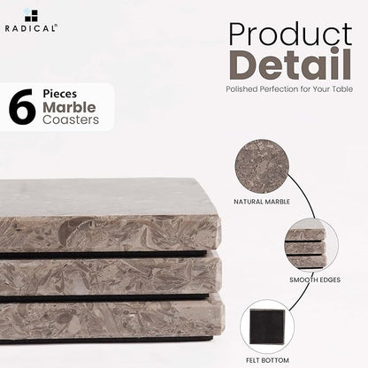 Radicaln Marble Coasters Square 3.5" Inches Oceanic Handmade Bar Style Coaster Set, Ideal Drink Coasters for Modern Home Bars, Absorbent Coaster Set of 6