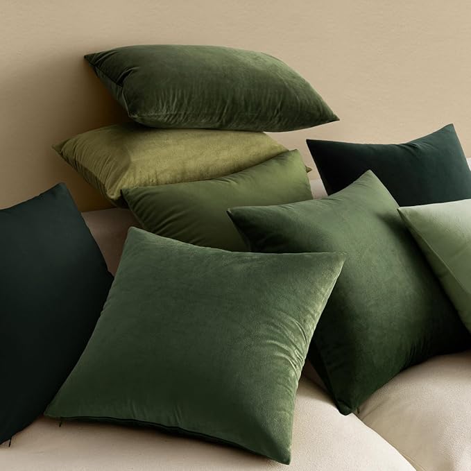 MIULEE Velvet Throw Pillow Covers 18x18 Inch, Pack of 2 - Moss Green, Soft Solid Decorative Pillow Covers Square Cushion Cases Farmhouse Modern Home Decor for Spring Couch Sofa Bedroom Living Room