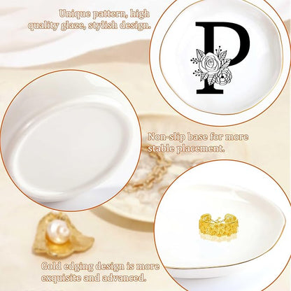 JoycuFF Initial P Ceramic Jewelry Tray, Bridesmaid Bride Gifts, Mothers Day Christmas Anniversary Engagement Birthday Gifts for Women Couples, Trinket Dish for Rings Earrings Necklaces Bracelets Keys