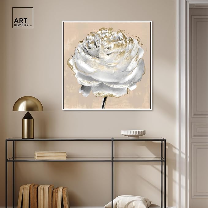 Art Remedy Beige Ranunculus Canvas Elegant White Gold Wall Art, White Frame, 30" x 30"