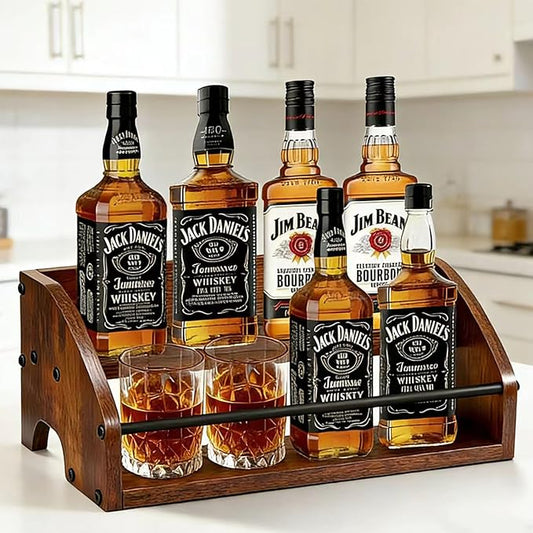 Rustic Wooden Countertop Organizer- Liquor Bottle Display Shelf, Coffee Syrup Rack, Mini bar, Liquor Cabinet, Home Retro Bar Shelf Stand for Liquor Whiskey, Spirits - Brown
