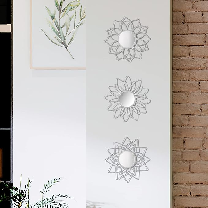 Silver Mirrors for Wall, 9 inch Metal Flower Mirrors Home Christmas Decoration, Christmas Wall Art Decorative Mirror Small Mirror for Living Room Bedroom, Entrance Set of 3