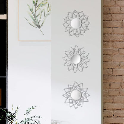 Silver Mirrors for Wall, 9 inch Metal Flower Mirrors Home Christmas Decoration, Christmas Wall Art Decorative Mirror Small Mirror for Living Room Bedroom, Entrance Set of 3