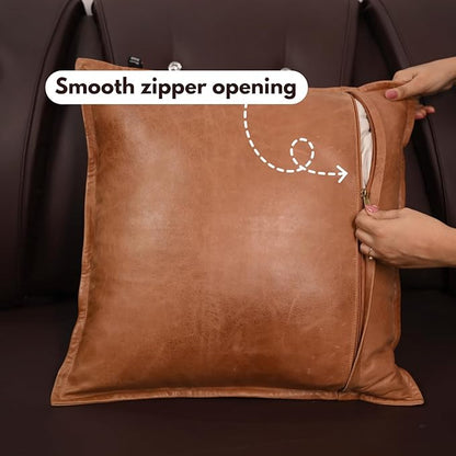 D DOLLY LAMB Lambskin Leather Pillow Cover - Sofa Cushion Case - Decorative Throw Covers for Living Room & Bedroom, 20x20 Inches - Antique Brown Box Pack of 1