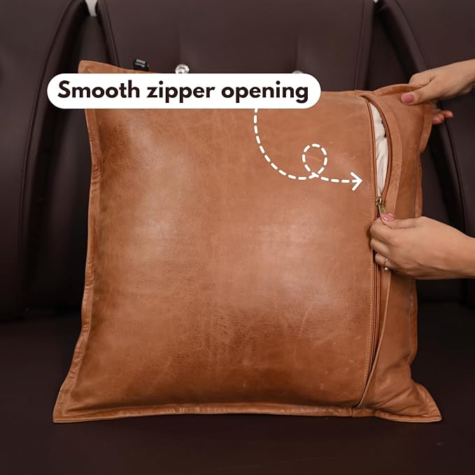 D DOLLY LAMB Lambskin Leather Pillow Cover - Sofa Cushion Case - Decorative Throw Covers for Living Room & Bedroom, 16x16 Inches - Antique Brown Box Pack of 1