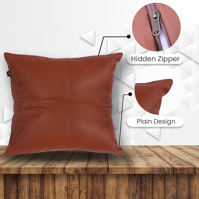 LL LEATHER LOVERS Lambskin Leather Pillow Cover - Sofa Cushion Case - Decorative Throw Covers for Living Room & Bedroom, 14x14 Inches - Camel Antique Plane Pack of 1