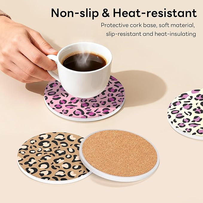 6-Piece Ceramic Coaster Set with Tray Diameter: 3.94 in Thickened Absorbent Material Heat-Resistant and Water-Absorbent Coaster Set Suitable for All Types of Cups， Leopard Print