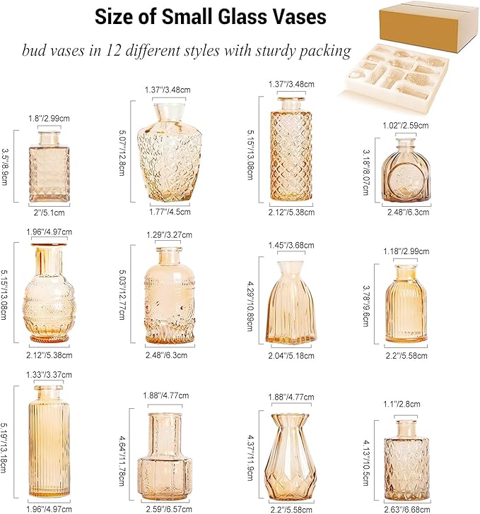Glass Bud Vases Set of 12 Small Clear Amber Vases for Centerpieces Mini Glass Vases in Bulk Vintage Vases Assorted Tiny Flower Vase for Baby Shower Wedding Floral Arrangements Home Table Decorations