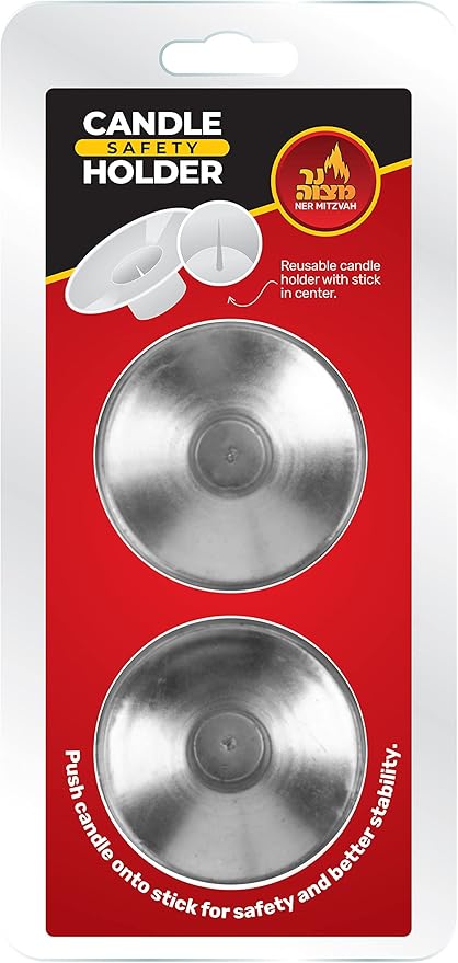Ner Mitzvah Reusable Metal Candlestick Liners and Drip Guards - Safety Pin Holds Candles in Place - Nickel Plated Protector Bobeches - Silver - 2 Pack