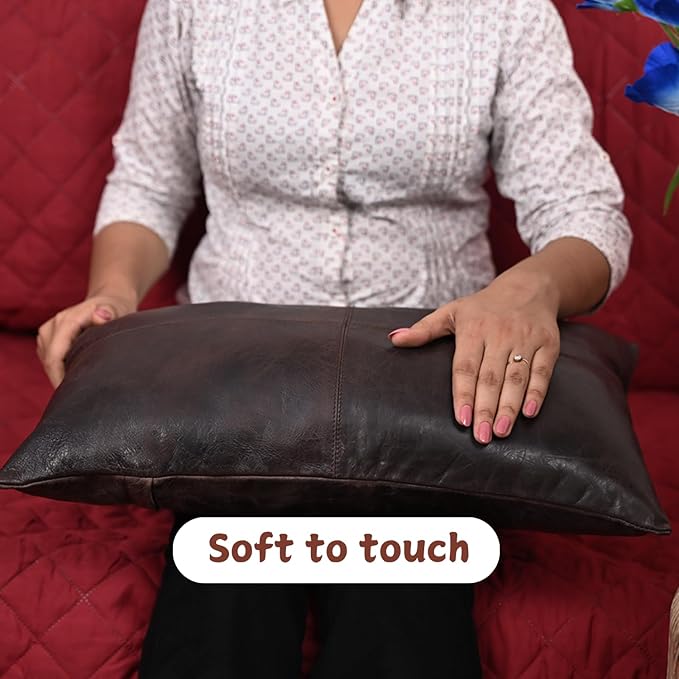 100% Lambskin Leather Pillow Cover - Sofa Cushion Case - Decorative Throw Covers for Living Room & Bedroom, 10x18 Inch - Dark Brown Crunch Plain Pack of 1