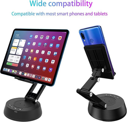 Cell Phone Stand with Wireless Bluetooth Speaker,Adjustable Height and Angle Foldable Cell Phone Stand Holder Bluetooth Speaker for Desk, Phone Stand Compatible with 4.7"-13" Smartphones (Grey)