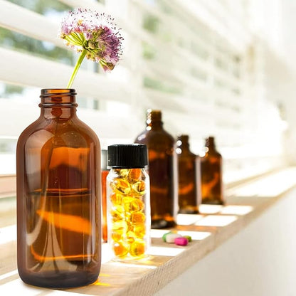 12 Pack 8 oz Amber Glass Bottles, 240ml Boston Round Sample Bottles with Black Poly Cone Caps, Labels and Funnels
