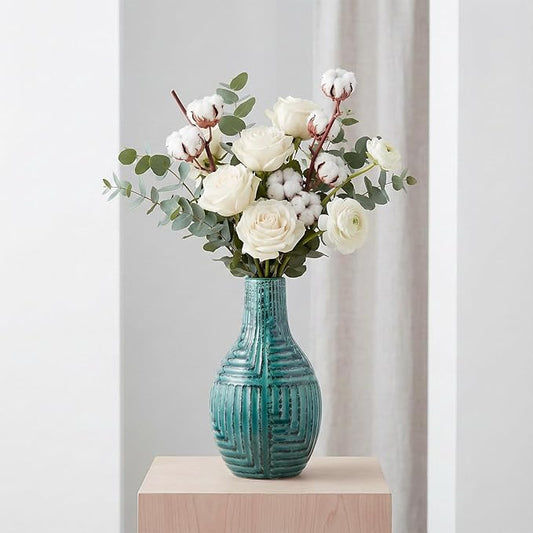 hjn Teal Hand-Glazed Ceramic Vase - 9.4" H Modern Decorative Centerpiece Vase for Fresh/Dried Flowers, Home Decor for Living Room Bookshelf Mantel | Wedding Housewarming Gift