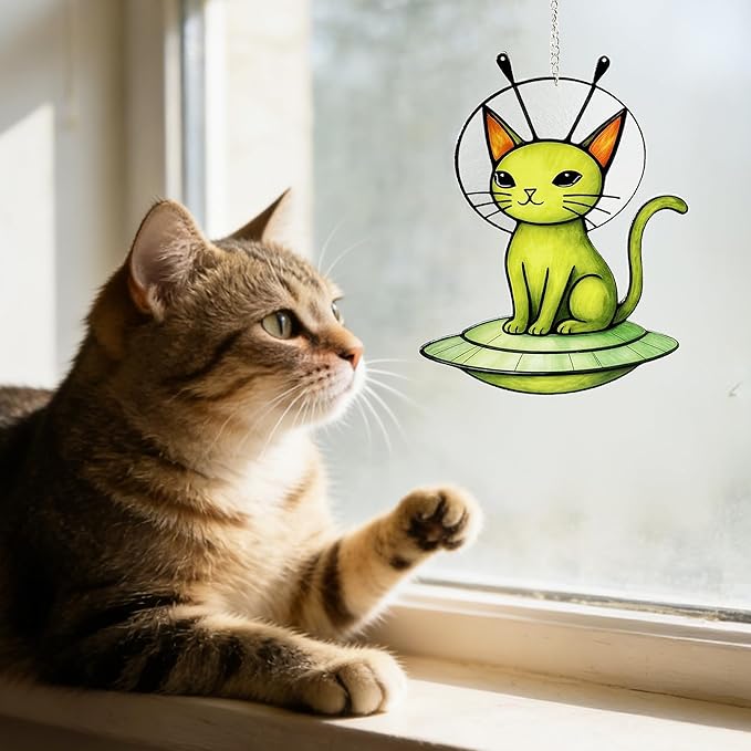Cat Stained Glass Suncatcher Window, Hanging Sun Catchers Indoor Window, Suncatcher for Mom/Women (Alien Cat)