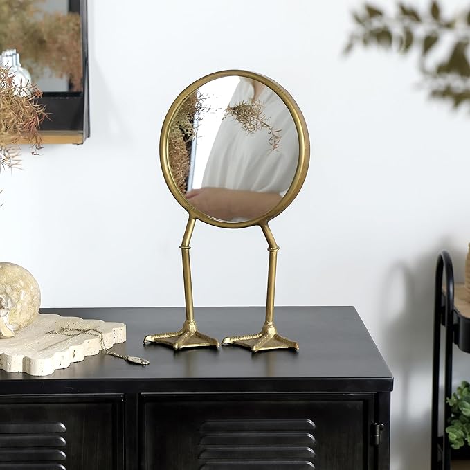 NIKKY HOME Vintage Gold Vanity Round Mirror with Duck Feet Stand, Antique Makeup Desk Small Tabletop Mirror for Bedroom Living Room Dressing Room