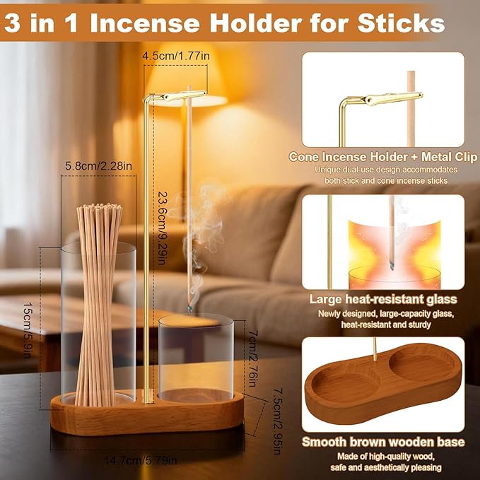 3-in-1 Incense Holder for Sticks, Incense Burner Holder with Glass Ash Catcher & Stick Storage, Bedroom House Yoga Meditation Zen Decor, Spa Gifts for Women, Unique Cozy Home Decor, Natural Wood