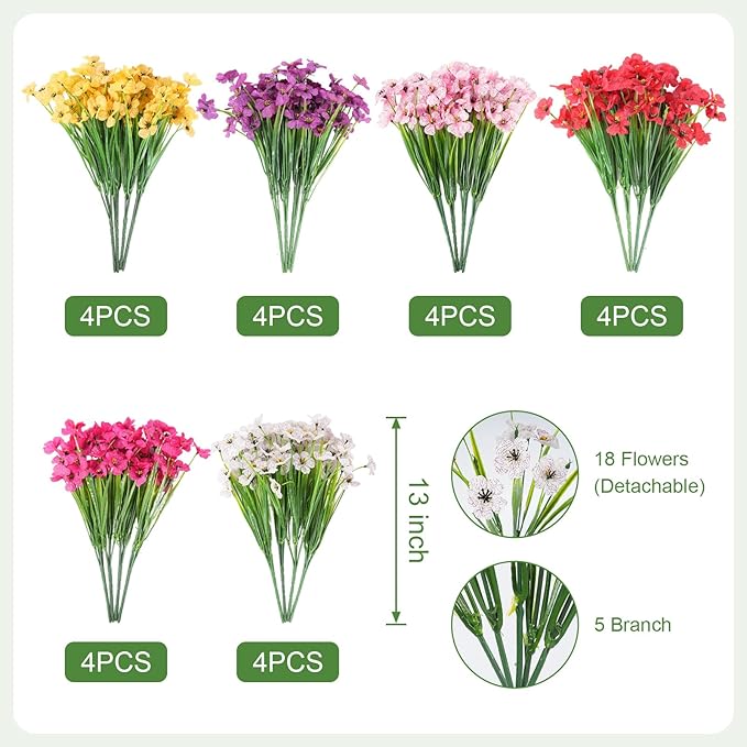 Artificial Flowers for Outdoor Faux Plants for Spring Summer Decoration, UV Resistant Realistic Silk Plastic Fake Flowers Garden Porch Patio Balcony Yard Front Home Decor, 24 Bundles
