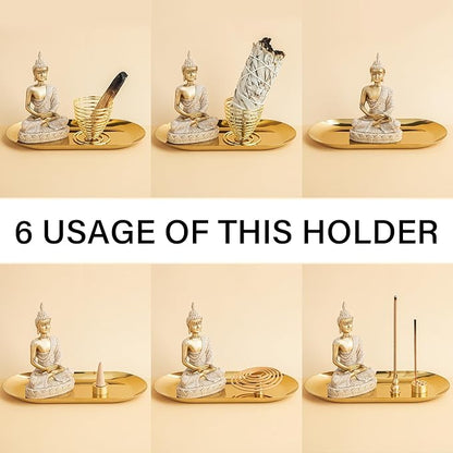 ZenBless 6 in 1 Incense Holder - Palo Santo, Buddha Statue, Sage & Incense Burner Holder for Sticks/Coil/Cones, Gold Oval Ash Catcher