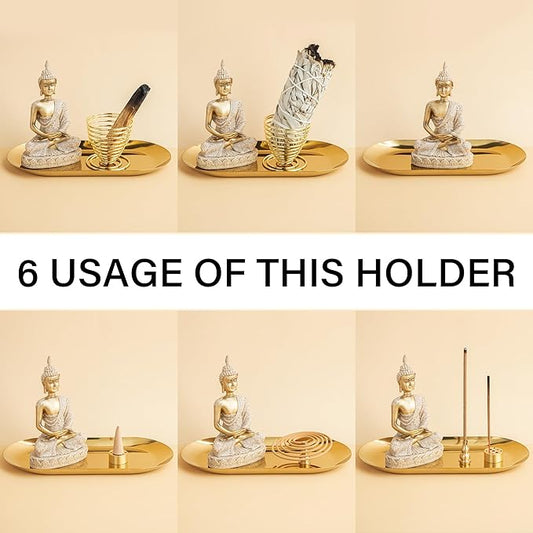 ZenBless 6 in 1 Incense Holder - Palo Santo, Buddha Statue, Sage & Incense Burner Holder for Sticks/Coil/Cones, Gold Oval Ash Catcher