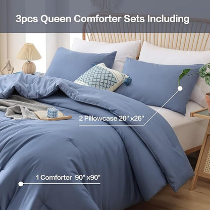ROSGONIA Queen Comforter Set Slate Blue, 3pcs Queen Size Comforter(1 Boho Blue Comforter & 2 Pillowcases) All Season Lightweight Bedding Blanket Quilt