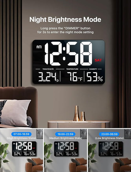 MASHI Digital Clock,13" Large Display Digital Wall Clock, Adjustable Brightness Calendar Clock with Day and Date,DST,Alarms,Humidity, Temperature for Desk, Wall Mounted, for Elderly
