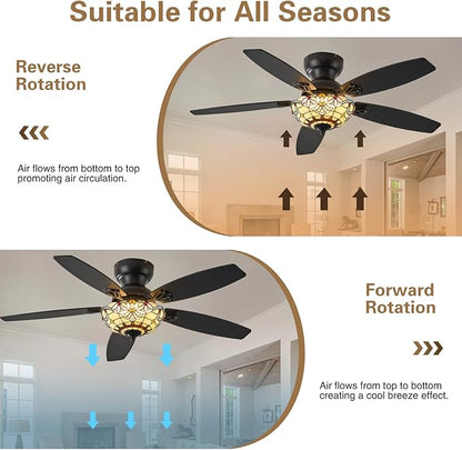 Tiffany Ceiling Fans with Lights - 48" Ceiling Fan Chandelier with 5 Dual-Blades and Glass Shade, 6 Speeds and Reversible, Indoor and Outdoor, Retro Style
