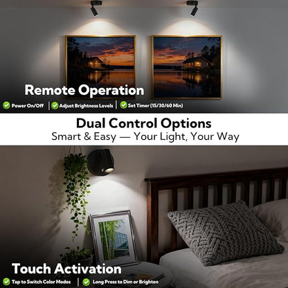 4 Pack Spotlights Indoor with Remote, Rechargeable Picture Lights, Wireless LED Uplighting with Dimmable 3CCT Modes, Display Lights for Artwork, Plant, Painting, and Accent Lighting, Black