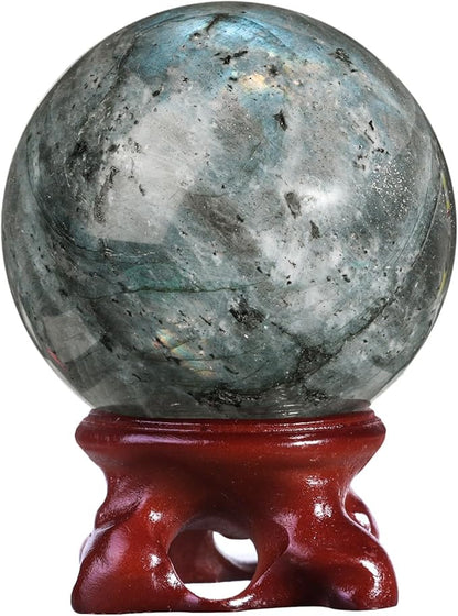 moonsix Natural Labradorite Crystal Sphere with Resin Stand Healing Energy Stone Decorative Ball Sculpture for Home Office Tabletop, 51-60 mm