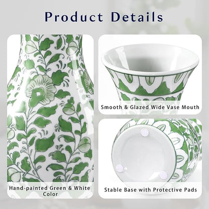 Green and White Ceramic Vase, 11" Tall Chinoiserie Vase in Wide Mouth, Vintage Green Flower Vases Decorative Vases for Home Decor, Table Centerpiece, Living Room, Dining Room, Entryways Decor