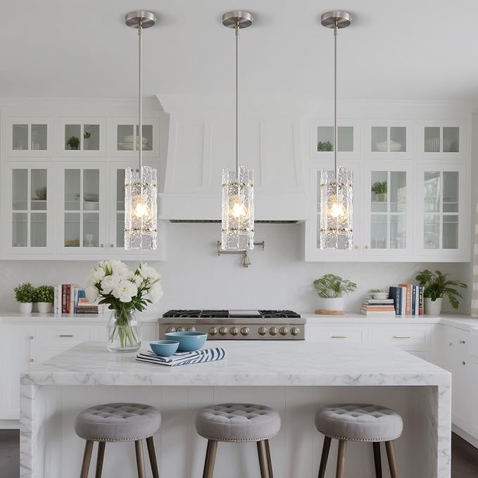 Brushed nickel Crystal Pendant Light for Kitchen Island, Luxury Mini Water Ripple Glass Chandelier Fixture, Modern Round Adjustable Hanging Pendant Lighting for Dining Room Bathroom Hallway (3-Pack)