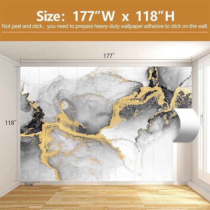 Black Gold Marble Wallpaper Abstract Ink Art Large Background Mural Living Room Office（Not Peel and Stick）