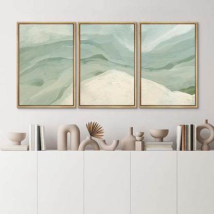 MUDECOR Framed Wall Art Print Set Pastel Waves Blue and White Tones Illustrations Modern Art Boho Decorative Colorful Chic for Living Room, Bedroom, Office - 16"x24"x3 Natural