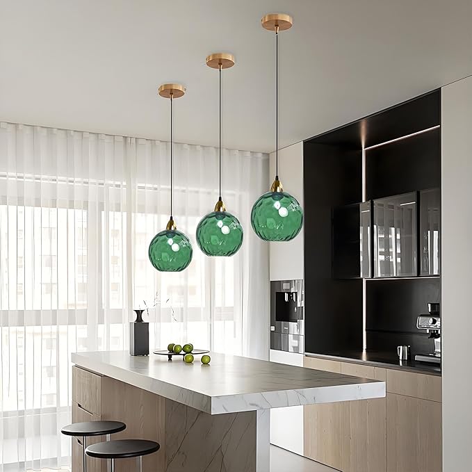 15cm/5.9’’ Industrial Vintage Spherical Glass Pendant Light, E26 Ceiling Hanging Lamp, Gold Finish & Ripple Glass Globe Shade, Dining Room Bedroom Chandelier (Green)