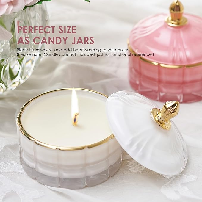 Glass Candy Dish Decorative Bowl, Apothecary Jars with Lids Bathroom Glass Jars for Cotton Ball or Cotton Swab Jewelry Storage Boxes with Lids, Crystal Pink Gifts for Women