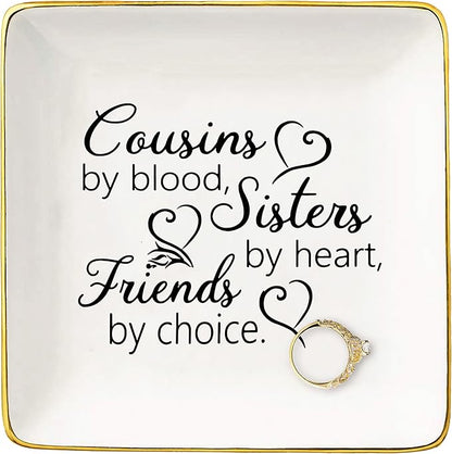 Topthink Cousins by Blood,Sisters by Heart,Friends by Choice-Ceramic Jewelry Holder Ring Dish Trinket Tray-Birthday Graduation Wedding Christmas Gifts for Cousin,Women,Girls,Her