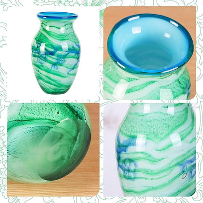 Glass Vases for Flower, Unique Hand Blown Green Glass Vase, Modern Art Decorative for Home Living Room, Office, Table centerpieces, Bookshelves and Wedding Decorations (JG33)