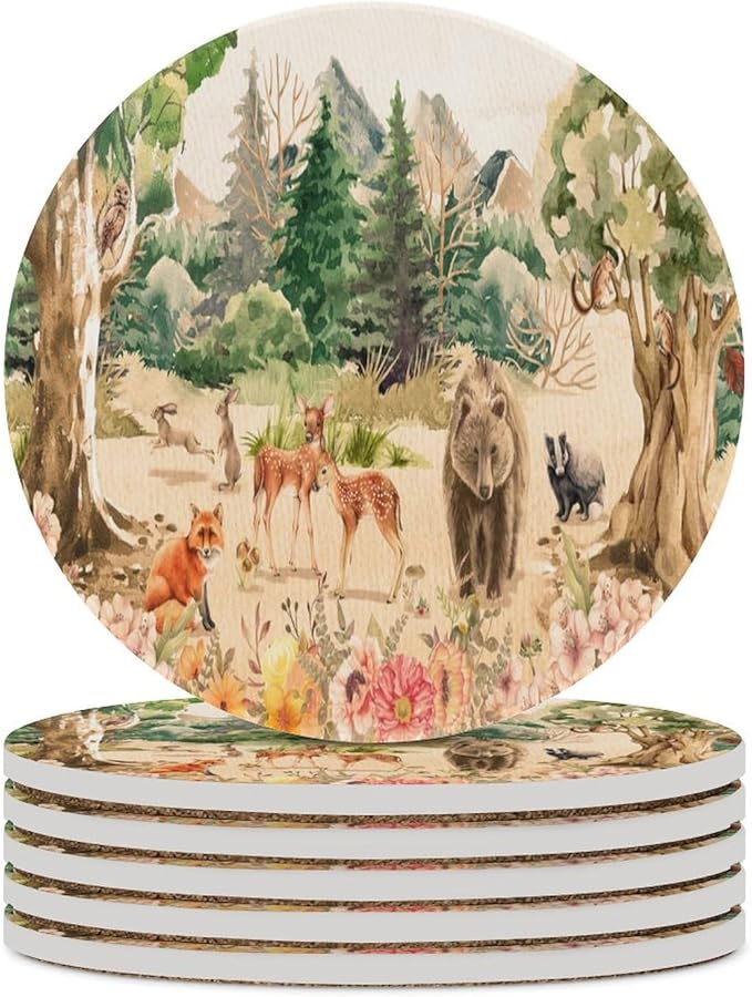 Round-6PCS Forest Ceramic Coasters,Absorbent Drink Coasters, Retro Mountain Forest Nature Tree Woodland Flower Animal Bear, Deer Ceramic Table Coasters for Coffee, Beverage, Wine, Beer Coasters