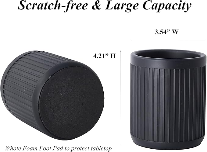 Aotea Crafts Concrete Modern Industrial Pen Holder for Desk - Aesthetic Charcoal Black Pencil Holder for Desk- Handcrafted Cement Fluted Pen Cup Organizer - Minimalist & Durable