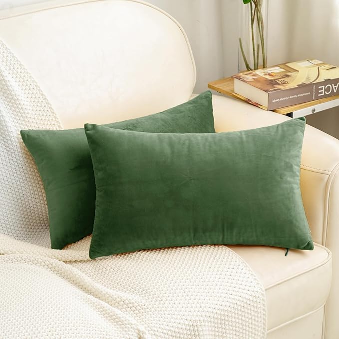 HWY 50 Moss Green Velvet Rectangular Throw Pillow Covers 12x20 Inch, Pack of 2 Soft Cozy Solid Decorative Luxury Cushion Cases for Couch Sofa Bed Living Room Bedroom
