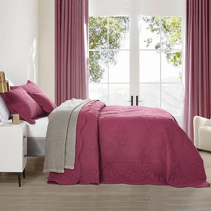 Oversized Bedspread - King Size Bedding Cover - Modern & Contemporary Coverlet Set, Real Stitching, Reversible, Lightweight, 5 Piece, Burgundy