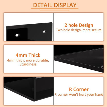 5 Inches Black Acrylic Wall Shelves for Home Décor, Pack of 2, Acrylic Shelf for Wall, Wall Mounting Display Shelf