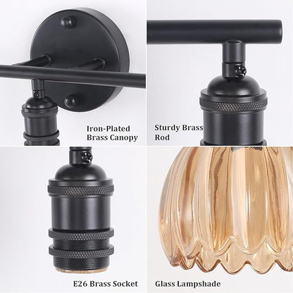 Bathroom Light Fixtures, 3-Light Black Vanity Wall Light Over Mirror with Amber Tulip Glass Shade for Bedroom Living Room (Bulb Not Included)