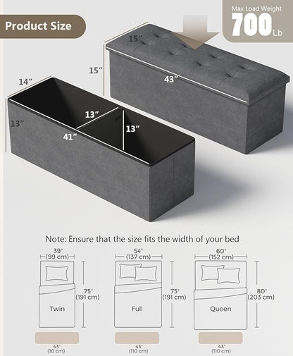 Folding Storage Ottoman Bench, Multi-Functional Ottoman Foot Rest, End of Bed Bench, Storage Chest for Living Room, Bedroom, Hallway, Entryway, Holds Up to 600 lbs (Dark Gray, 43 Inches)